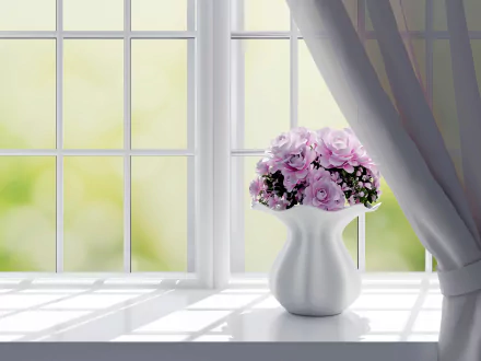 A delicate pink flower arrangement in a white vase sits on a windowsill, framed by soft curtains, creating a serene, man-made touch against a natural backdrop. 4K Ultra HD desktop wallpaper.