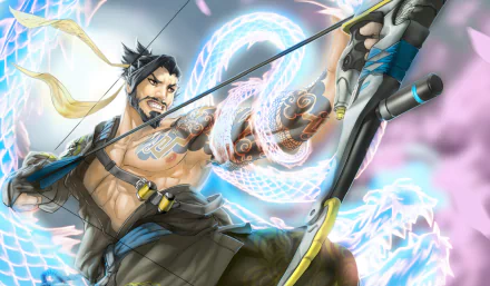 HD desktop wallpaper featuring Hanzo from Overwatch, showcasing his archery skills with a vibrant, mystical background and intricate details that highlight his character's essence.