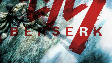 HD PC desktop wallpaper featuring Guts from the 2016 anime Berserk, with dynamic red text overlay and intense action pose.