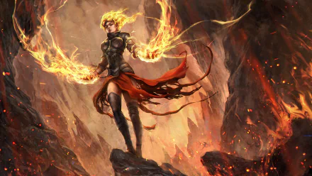 Chandra Nalaar wields fiery magic in a dramatic landscape, showcasing her power in this vibrant HD wallpaper inspired by Magic: The Gathering. Flames illuminate her fierce stance.