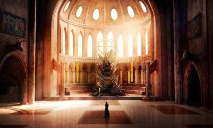 HD desktop wallpaper featuring the Iron Throne in a grand hall, inspired by the TV show Game of Thrones and the A Song of Ice and Fire series.