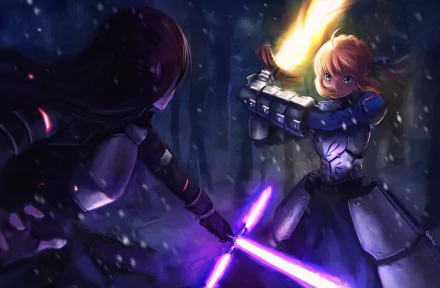 A snowy night scene featuring armored characters with long brown and blonde hair, wielding lightsabers in a dynamic battle, blending elements from Star Wars and Fate/Stay Night.