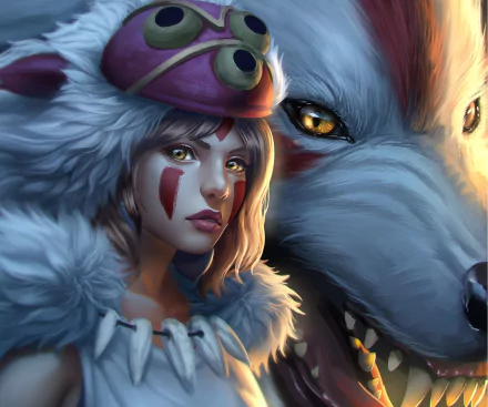 A fierce woman warrior with brown hair and yellow eyes stands beside a wolf, inspired by Princess Mononoke, in this striking HD anime wallpaper.