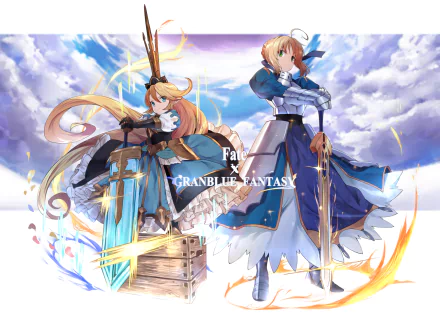 A vibrant HD wallpaper featuring Artoria Pendragon and Charlotta from Fate/Grand Order and Granblue Fantasy, showcasing their striking blue and green eyes, long hair, and weapons amidst a dynamic background.
