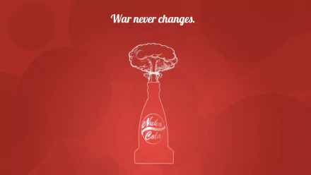 Nuka Cola design inspired by Fallout 4, featuring a vintage bottle with a graphic of an atomic explosion, accompanied by the phrase War never changes, set against a bold red background.