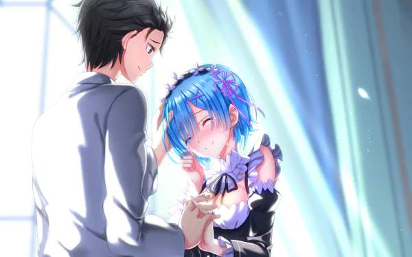HD desktop wallpaper featuring Subaru Natsuki and Rem from Re:Zero - Starting Life in Another World. Subaru, who has short dark hair, delicately holds Rem's hand as she blushes. Rem has short blue hair.