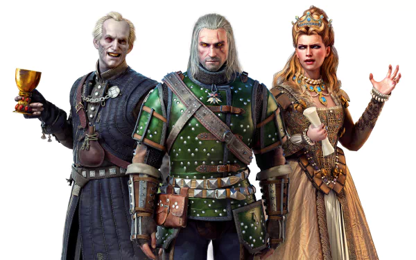 A striking HD wallpaper featuring Geralt of Rivia from The Witcher 3: Wild Hunt - Blood and Wine, alongside notable characters, set in a fantasy video game backdrop.