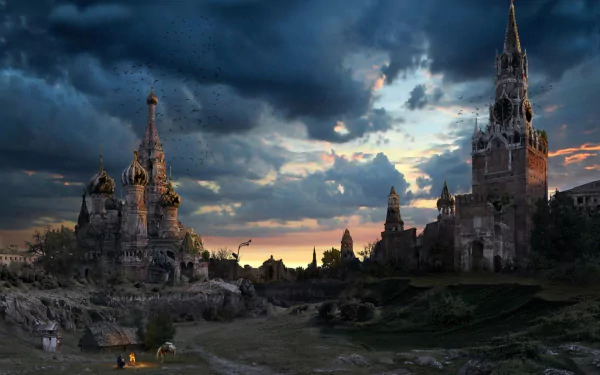 A dramatic post-apocalyptic scene in Moscow showcases towering, intricately designed buildings and churches under a stormy sky, creating an intriguing sci-fi atmosphere.