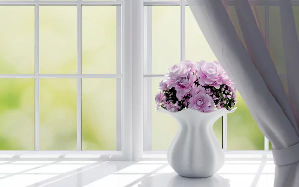 A delicate pink flower arrangement in a white vase sits on a windowsill, framed by soft curtains, creating a serene, man-made touch against a natural backdrop. 4K Ultra HD desktop wallpaper.