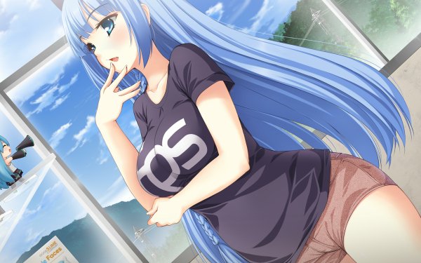Anime Original Long Hair Blue Hair Shirt Shorts Blush Blue Eyes HD Wallpaper | Background Image