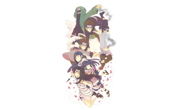 HD anime wallpaper of Naruto featuring Kurenai Yūhi, Kiba Inuzuka, Hinata Hyuga, Akamaru, and Shino Aburame in an artistic arrangement. A dynamic and vibrant background for fans.