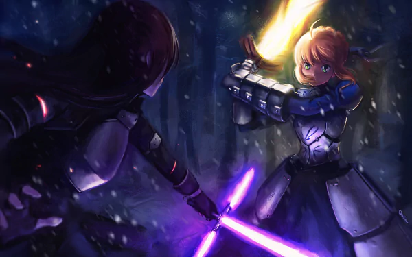 A snowy night scene featuring armored characters with long brown and blonde hair, wielding lightsabers in a dynamic battle, blending elements from Star Wars and Fate/Stay Night.