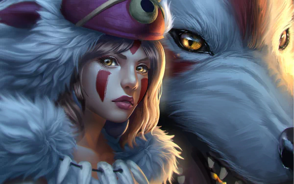 A fierce woman warrior with brown hair and yellow eyes stands beside a wolf, inspired by Princess Mononoke, in this striking HD anime wallpaper.