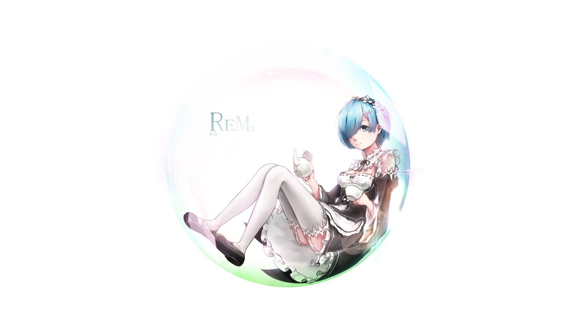 HD wallpaper featuring Rem from Re:ZERO - Starting Life in Another World, depicted with her signature blue hair and maid outfit, set against a soft, colorful background.