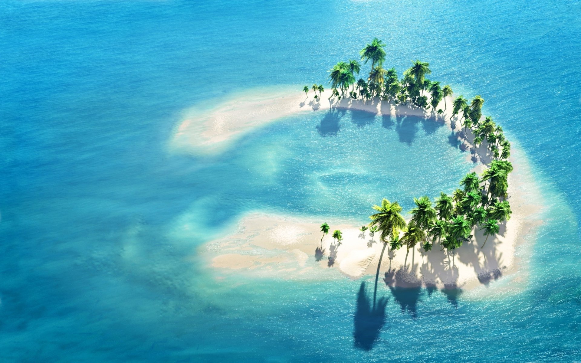 Aerial view of a crescent Maldives island ringed by palm trees in turquoise sea and ocean waters, nature scene — 2K Quad HD PC desktop wallpaper and background