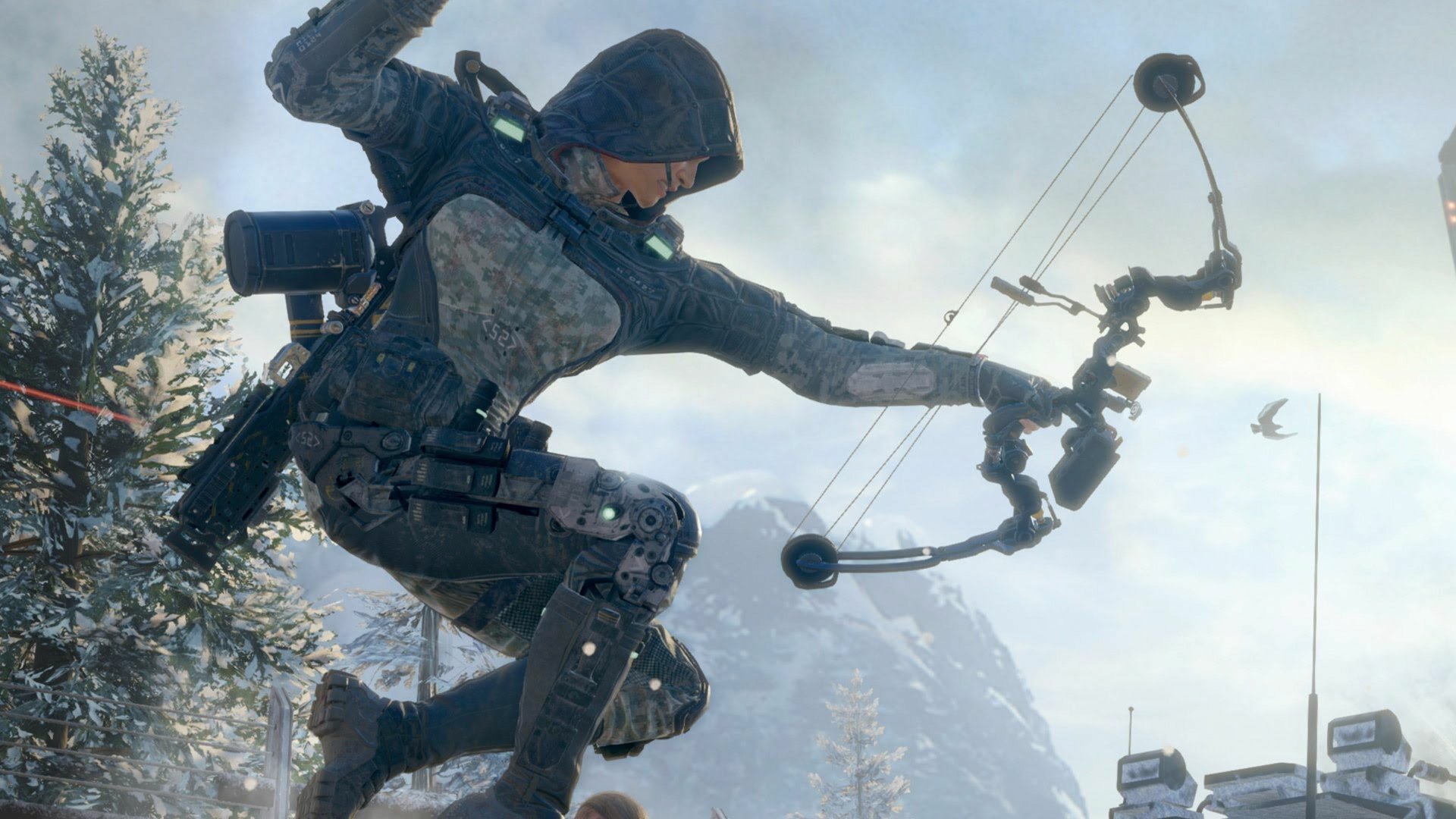 A dynamic HD wallpaper showcasing a character from Call of Duty: Black Ops III, aiming a bow and arrow amidst a snowy landscape, emphasizing action and intensity in the game.