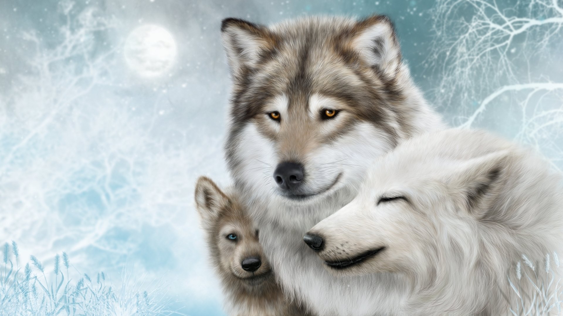 HD digital painting of three wolves in a snowy winter forest under a glowing full moon, with frosted trees creating a serene and mystical atmosphere.