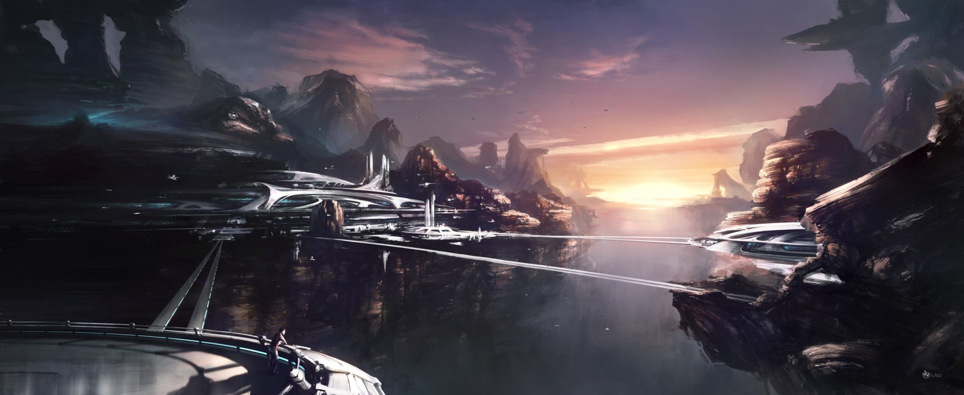 HD sci-fi landscape wallpaper featuring futuristic structures by a reflective body of water under a dramatic sunset sky for PC desktop backgrounds.