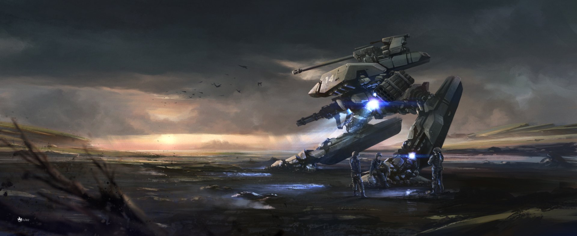 A dynamic sci-fi scene featuring a soldier and advanced robots in a dramatic landscape, showcasing futuristic technology and warfare elements in an HD desktop wallpaper format.