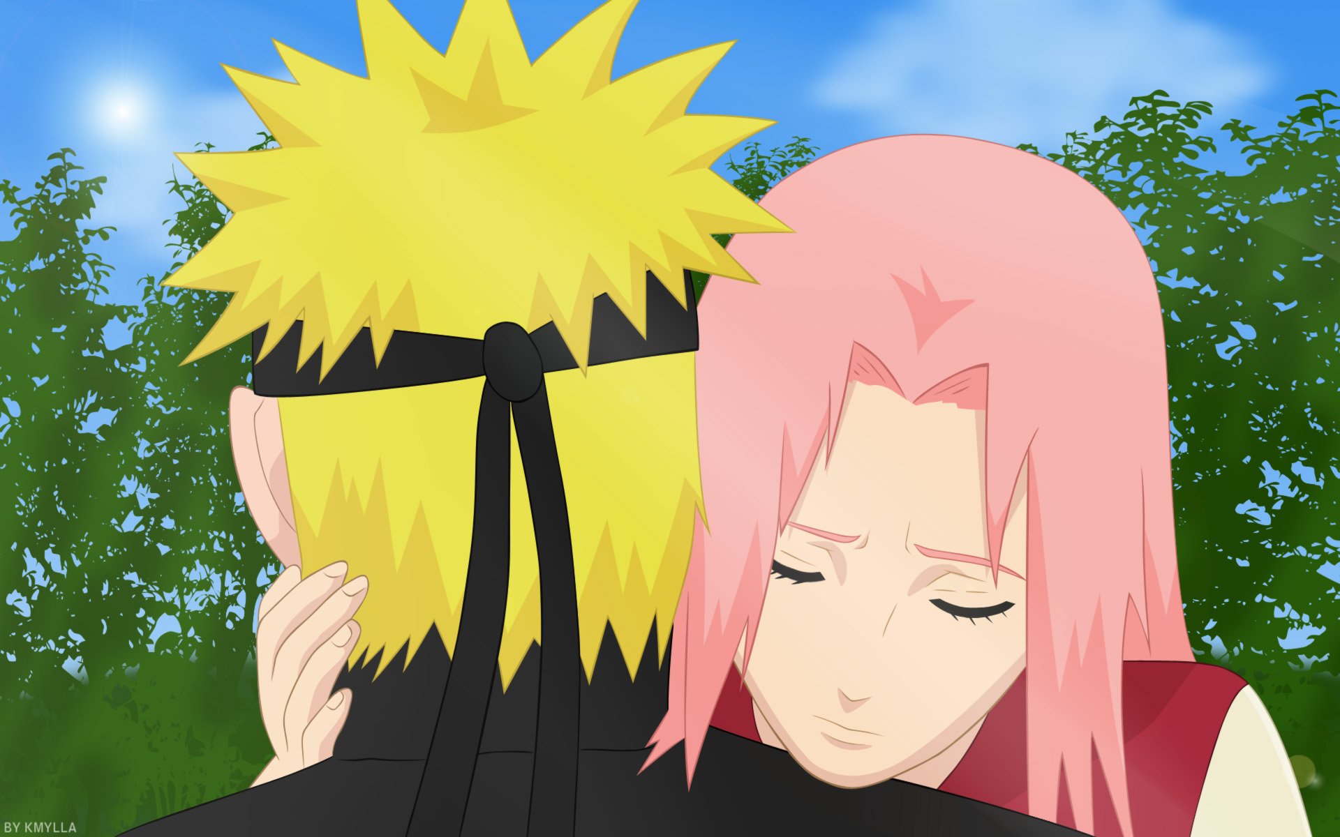 HD PC desktop wallpaper featuring anime characters Naruto Uzumaki and Sakura Haruno from Naruto, with Sakura embracing Naruto against a bright blue sky and green foliage.