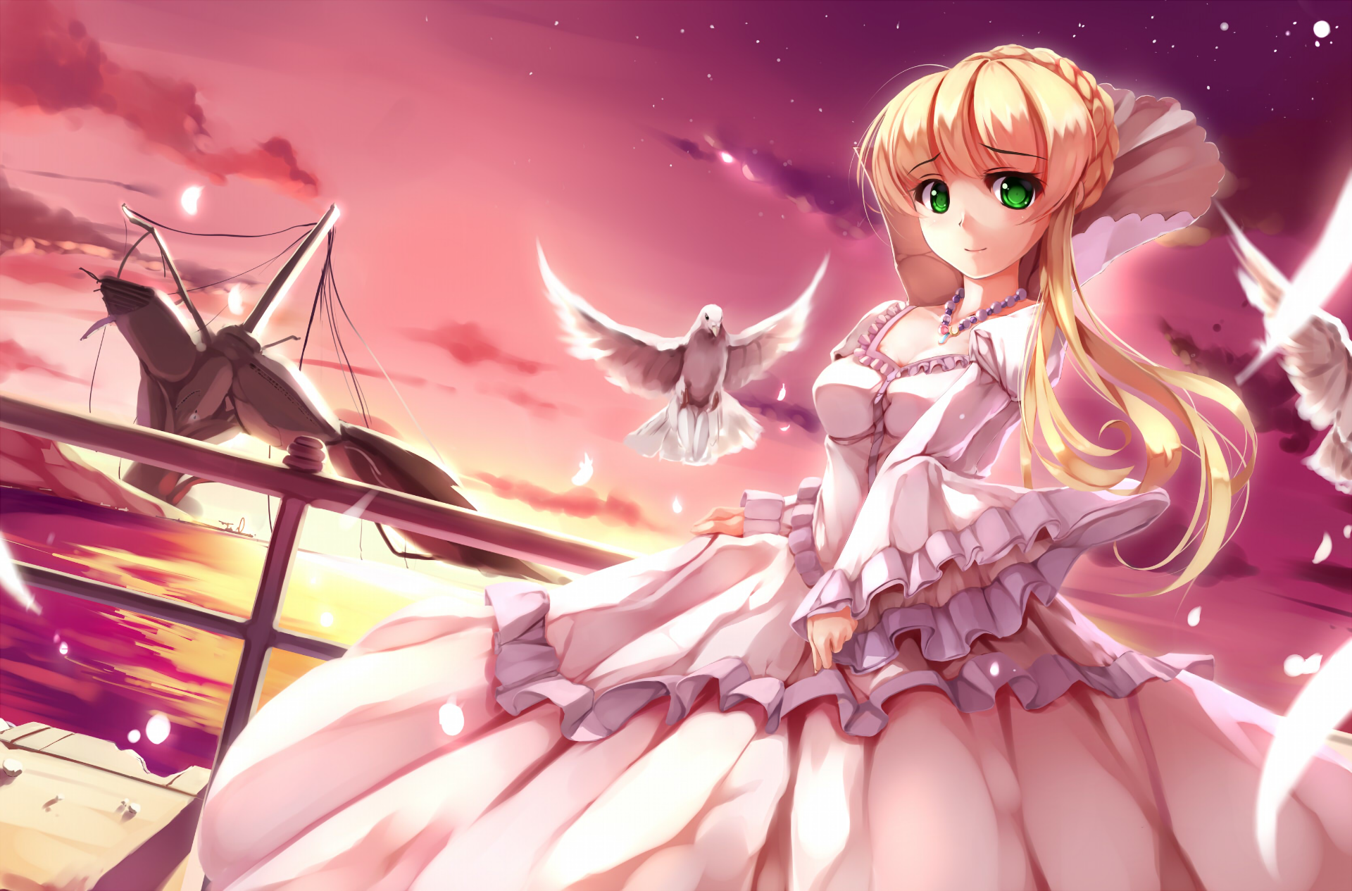HD anime desktop wallpaper featuring Asseylum Vers Allusia from Aldnoah.Zero with a serene sunset and white doves in the background.
