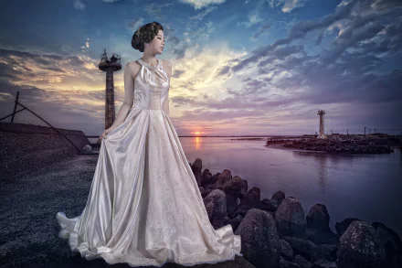 A Chinese woman in a flowing dress stands by the water at sunset, with a dramatic sky and rocky shoreline enhancing the serene atmosphere of the scene.