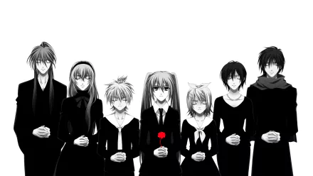 Black-and-white anime-style HD wallpaper featuring Vocaloid characters Meiko, Kamui Gakupo, Kaito, Rin Kagamine, Len Kagamine, Luka Megurine, and Hatsune Miku holding flowers.