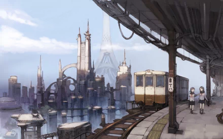 HD anime-style original artwork depicting a futuristic cityscape with a train on an elevated track and two characters standing on the platform, designed as a PC desktop wallpaper.