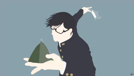 Minimalist HD anime wallpaper featuring Sakamoto from Haven't You Heard I'm Sakamoto, depicted with glasses and holding a rice dumpling against a muted blue background.