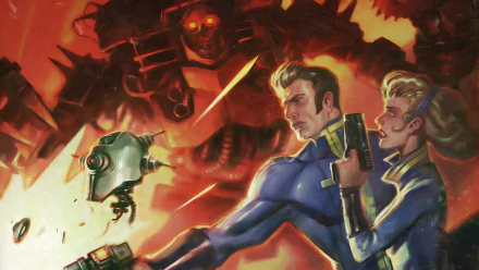 Fallout 4 video game — Automatron HD PC desktop wallpaper: Vault-suited protagonists and a floating robot confront a towering, glowing Automatron war machine amid fiery, explosive chaos.