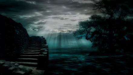 HDR nature landscape: moody teal shore with ancient stone steps descending to still water, dramatic sun rays through storm clouds and a silhouetted tree — HD PC desktop wallpaper/background.