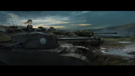 An HD wallpaper featuring Arisu Shimada from *Girls und Panzer*, set against a dramatic landscape with tanks and a moody sky.