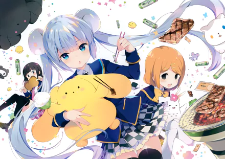 4K Ultra HD PC desktop wallpaper: anime crossover with Len, Wooser, Rin, Miss Monochrome, Darth Wooser and Ajipon surrounded by floating snacks and cute motifs; Len holds a large Ajipon plush.