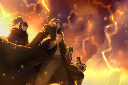 HD wallpaper featuring the characters Bickslow, Freed Justine, Evergreen, and Laxus Dreyar from the anime Fairy Tail, standing confidently under a dramatic, lightning-filled sky.