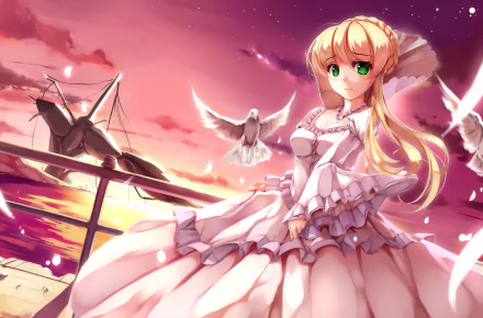 HD anime desktop wallpaper featuring Asseylum Vers Allusia from Aldnoah.Zero with a serene sunset and white doves in the background.