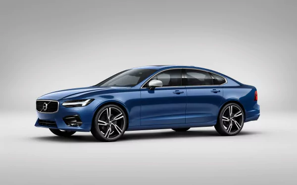 Blue Volvo S90 sedan on a neutral backdrop — sleek car and vehicle presented as a 4K Ultra HD PC desktop wallpaper and background.