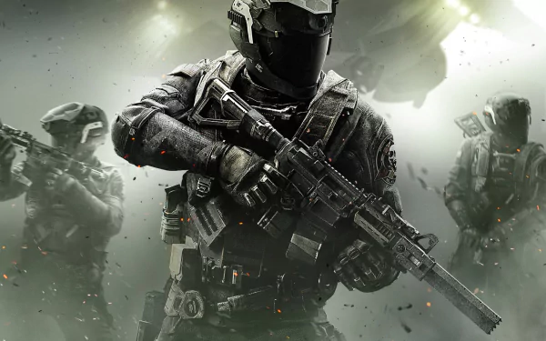 HD desktop wallpaper featuring soldiers from the video game Call of Duty: Infinite Warfare, armed and in combat gear, standing in a strategic formation.