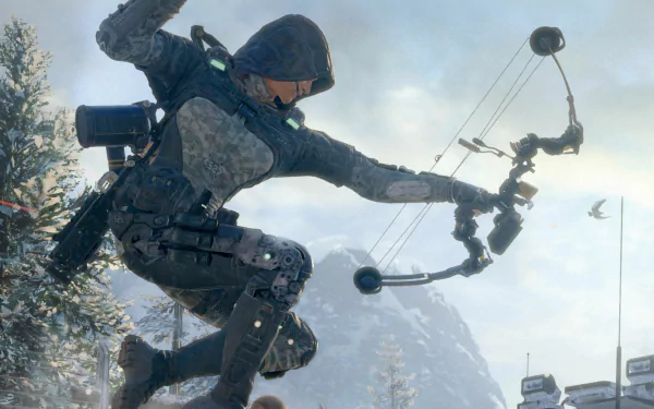 A dynamic HD wallpaper showcasing a character from Call of Duty: Black Ops III, aiming a bow and arrow amidst a snowy landscape, emphasizing action and intensity in the game.