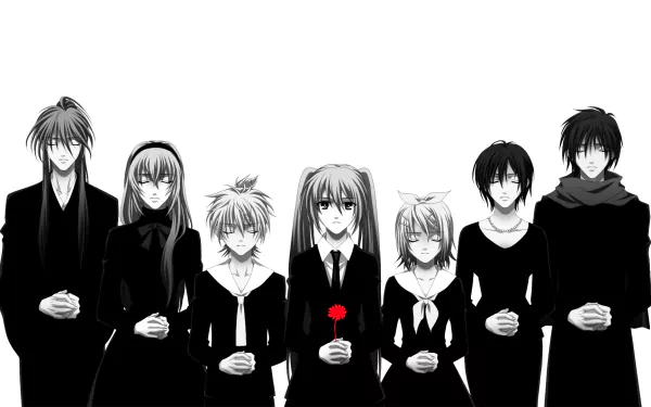 Black-and-white anime-style HD wallpaper featuring Vocaloid characters Meiko, Kamui Gakupo, Kaito, Rin Kagamine, Len Kagamine, Luka Megurine, and Hatsune Miku holding flowers.
