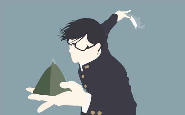Minimalist HD anime wallpaper featuring Sakamoto from Haven't You Heard I'm Sakamoto, depicted with glasses and holding a rice dumpling against a muted blue background.