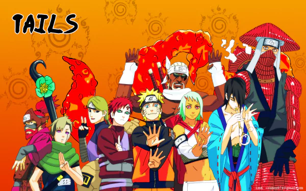 An HD wallpaper featuring characters from Naruto, including Naruto Uzumaki, Gaara, Killer Bee, and Yagura Karatachi, set against a vibrant orange background with bold text.