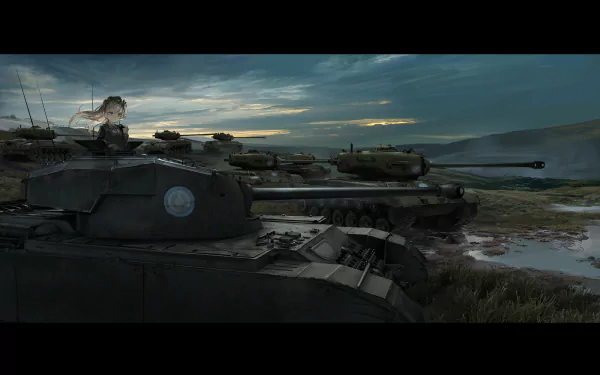 An HD wallpaper featuring Arisu Shimada from *Girls und Panzer*, set against a dramatic landscape with tanks and a moody sky.