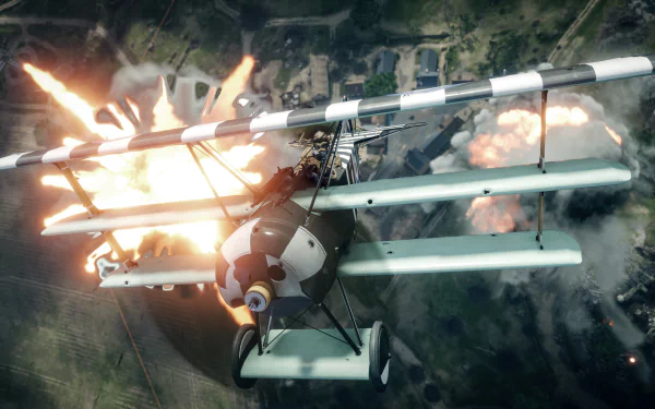 A biplane engulfed in flames flies over a battlefield in this HD PC desktop wallpaper from the video game Battlefield 1, capturing intense aerial combat.
