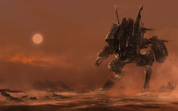 A sci-fi landscape featuring a towering robot tank against a dramatic sunset, evoking a sense of futuristic exploration and adventure. High-definition wallpaper for a striking backdrop.