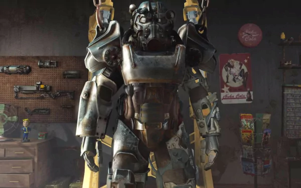 A striking HD wallpaper featuring Power Armor from Fallout 4, set against a detailed backdrop of a workshop filled with iconic items from the video game series.