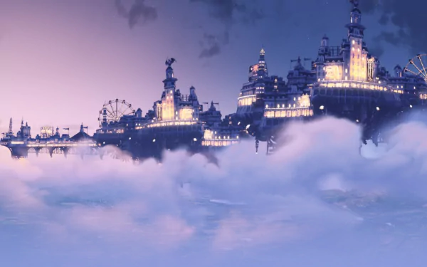 A stunning HD wallpaper from the video game Bioshock Infinite, featuring a majestic floating city illuminated amidst a backdrop of soft clouds and a twilight sky.