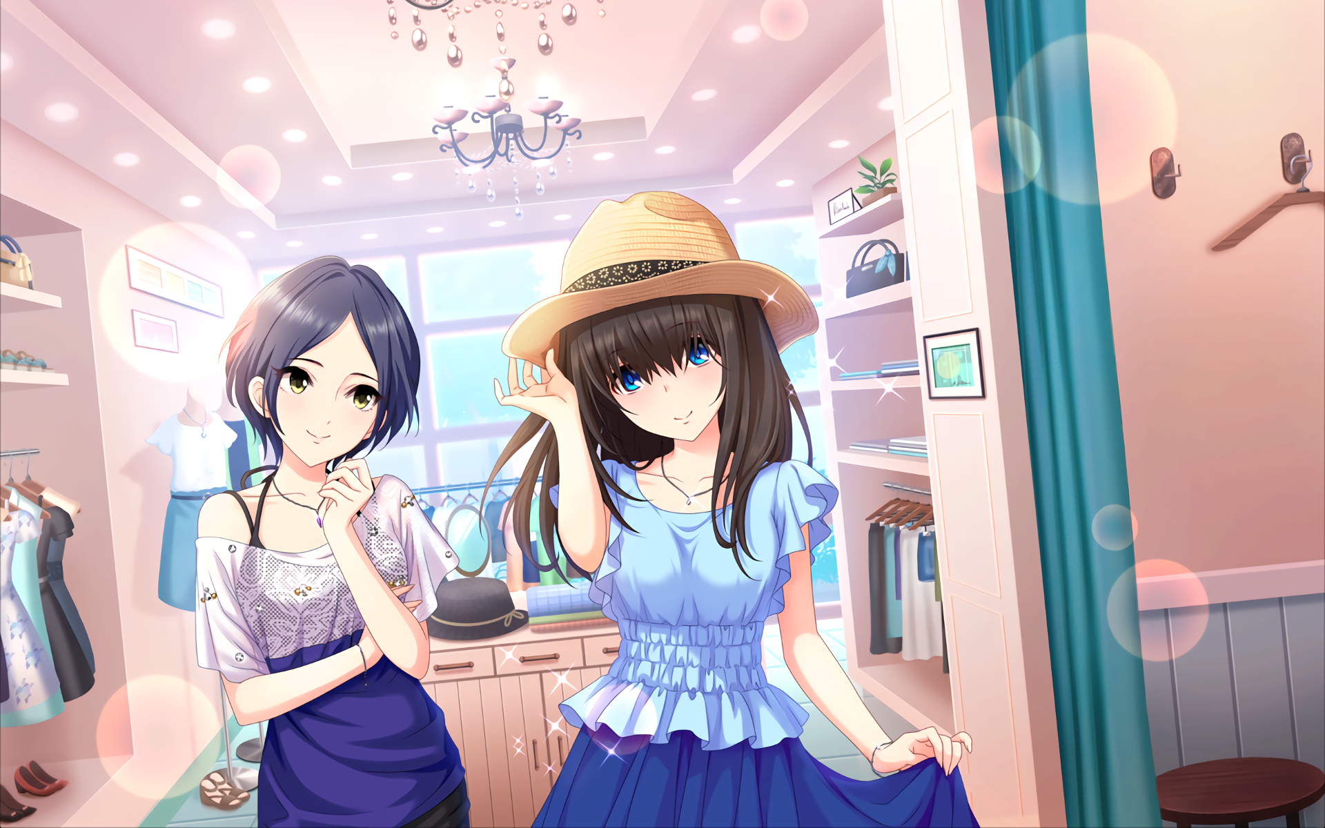 Fumika Sagisawa and Kanade Hayami from The iDOLM@STER Cinderella Girls pose in a stylish boutique, showcasing their charming outfits in this HD desktop wallpaper.