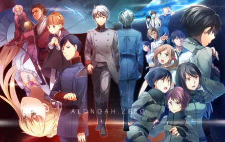 An HD desktop wallpaper featuring characters from the anime Aldnoah.Zero, showcasing dynamic poses and expressions in a vibrant, action-packed composition.