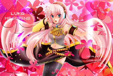 HD anime wallpaper featuring Luka Megurine from Vocaloid, showcasing her with long pink hair and a vibrant, colorful background filled with pink petals and geometric shapes.