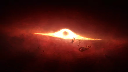 A vibrant 4K Ultra HD wallpaper featuring an explosion near a black hole set in space, inspired by the video game Mass Effect 2. The dominant color is a striking orange against a dark backdrop.